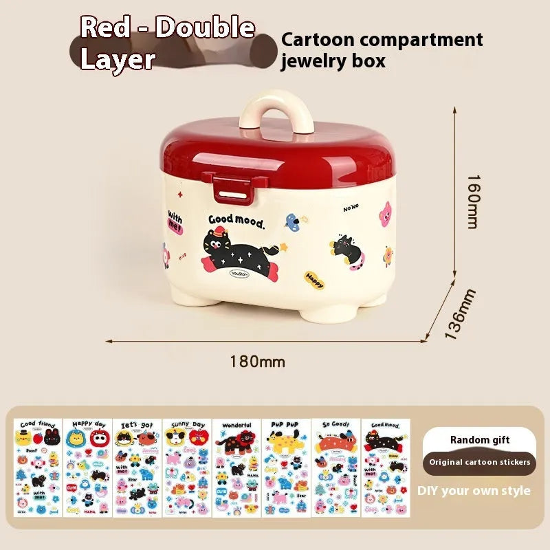 Cartoon-style plastic desktop organiser with grid compartments and red or brown stickers.