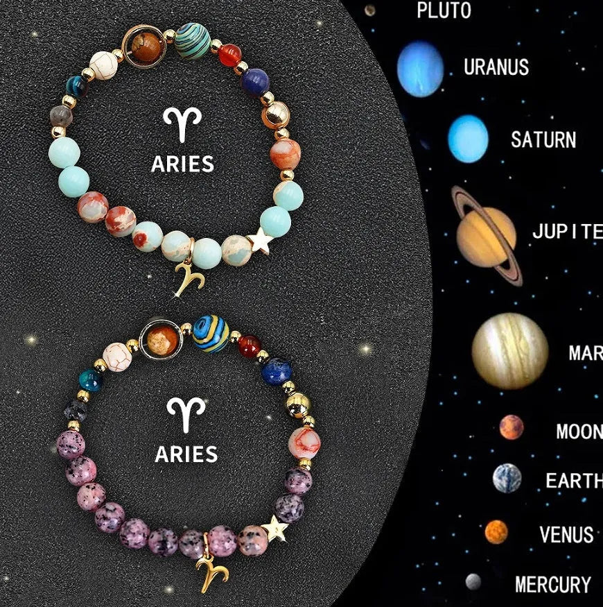 Two adjustable natural stone beaded bracelets with silver zodiac charms on a flat surface.