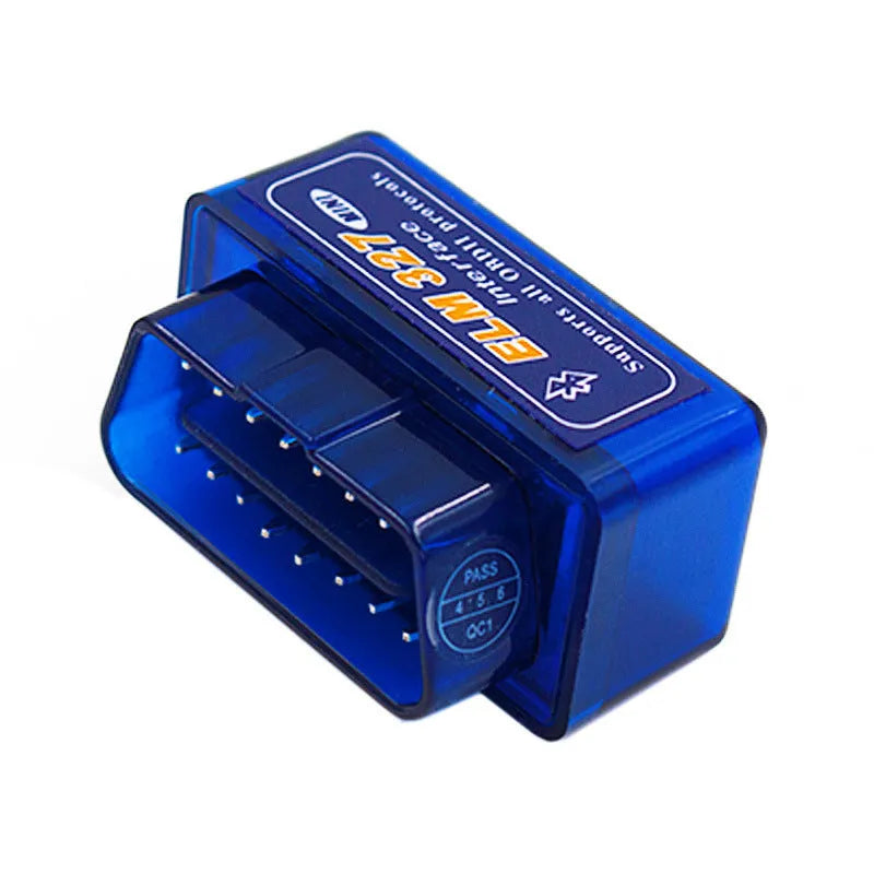 Compact dual-mode ELM327 OBD2 Bluetooth diagnostic scanner for vehicle fault codes.