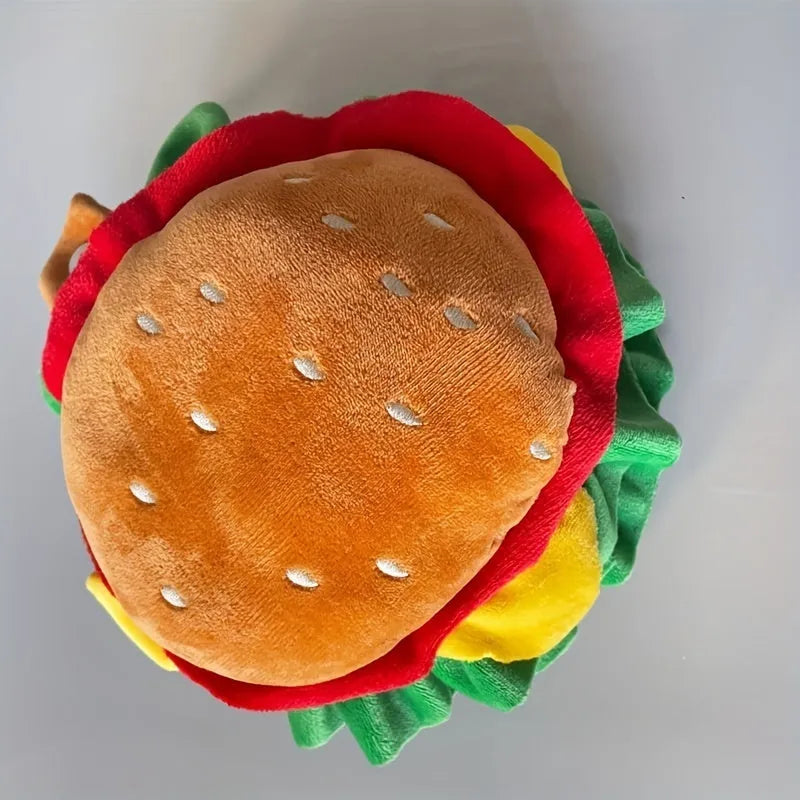 Burger headdress collar for cats in cartoon style with adjustable sizing for pet dress-up