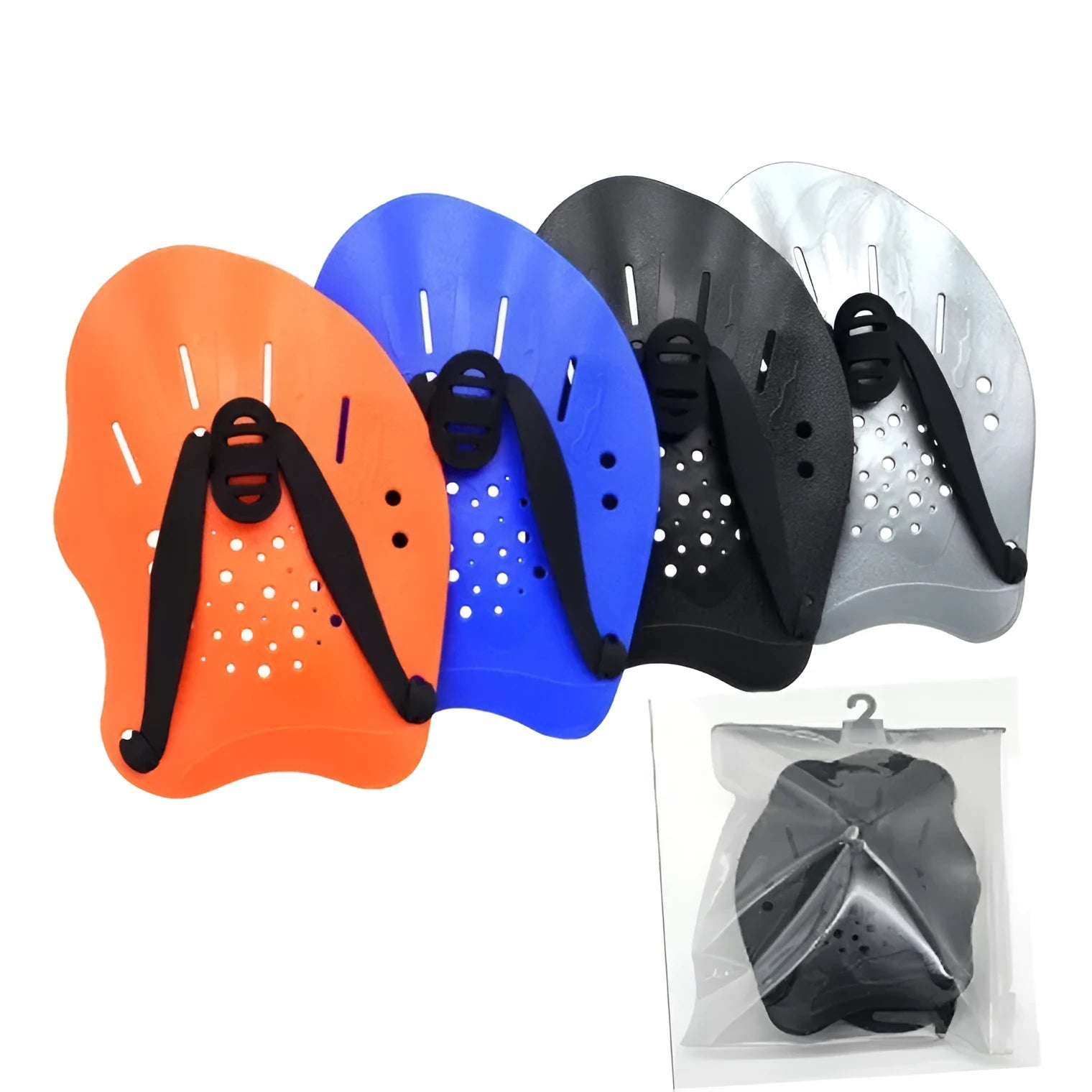 A pair of solid black webbed swimming training paddles with adjustable neoprene straps, shown on a blue background.