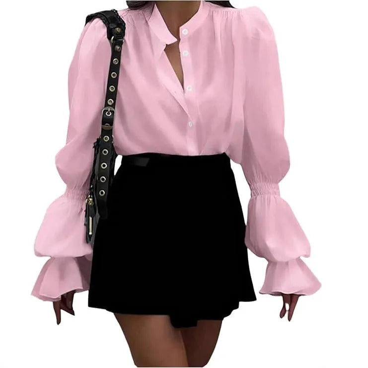 Women's polyester shirt with lantern sleeves, ruffle detail, round neck, single-breasted front, in white, pink, or black.