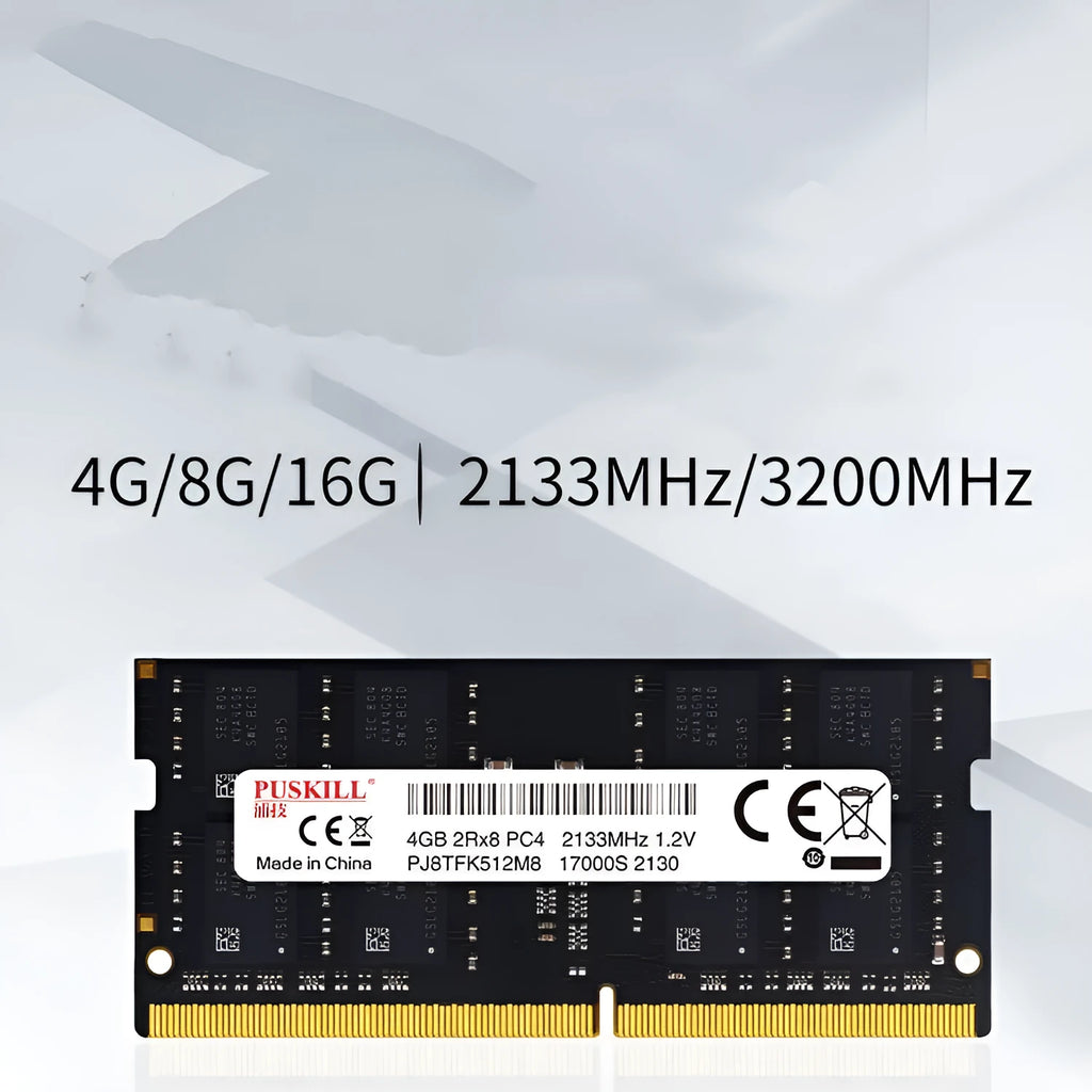 A single DDR4 SODIMM laptop memory module for RAM upgrade, showing gold contacts and label with capacity/speed.