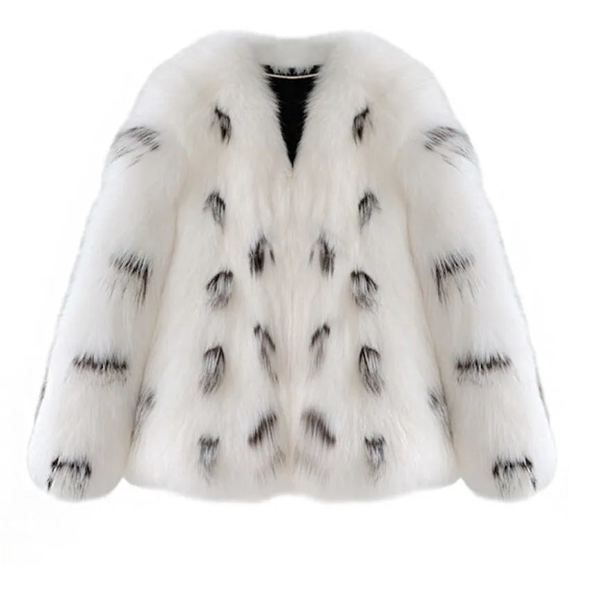 Black and white plus size Korean-style faux fur coat with short length and slim fit.