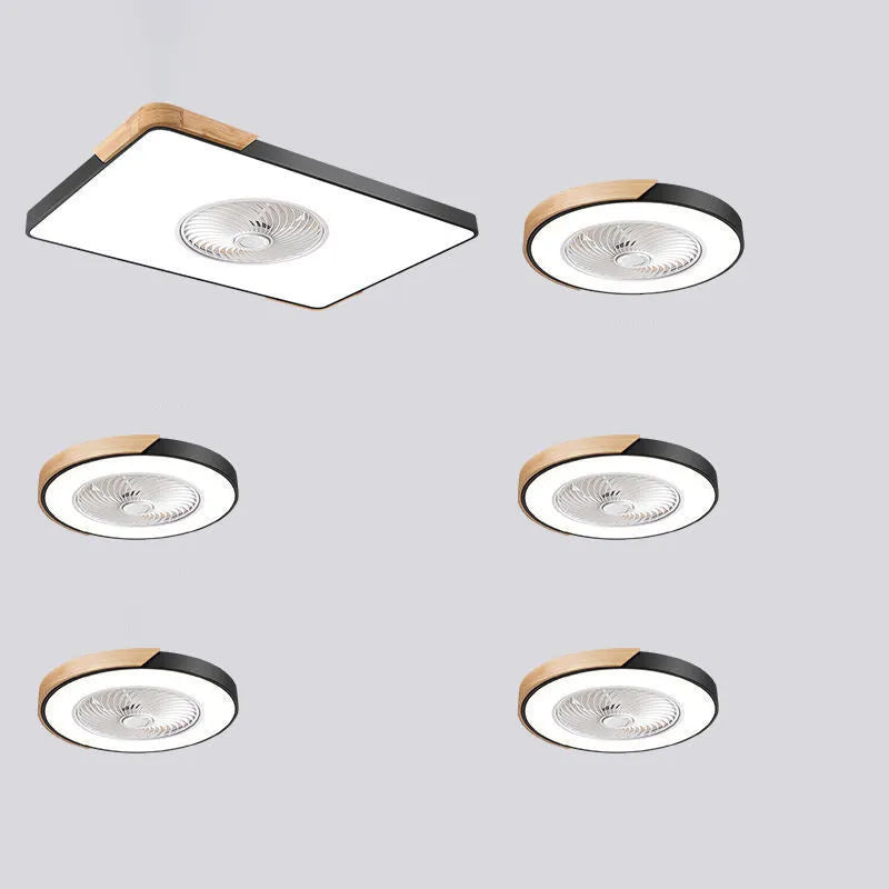 Nordic ceiling fan with light in solid wood rectangular, round, and square frame options.