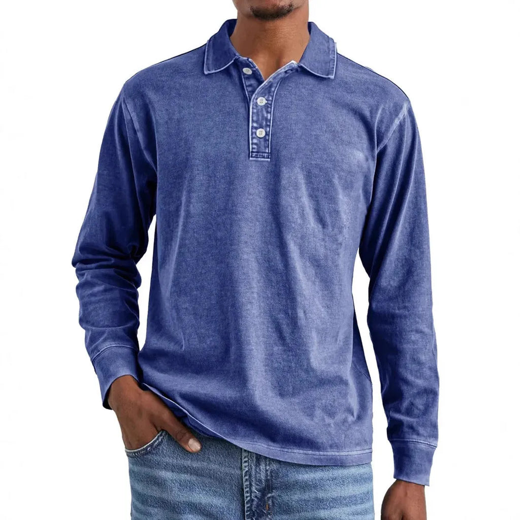 Men's long sleeve lapel polo shirt in washed cotton, shown in Army Green colour.