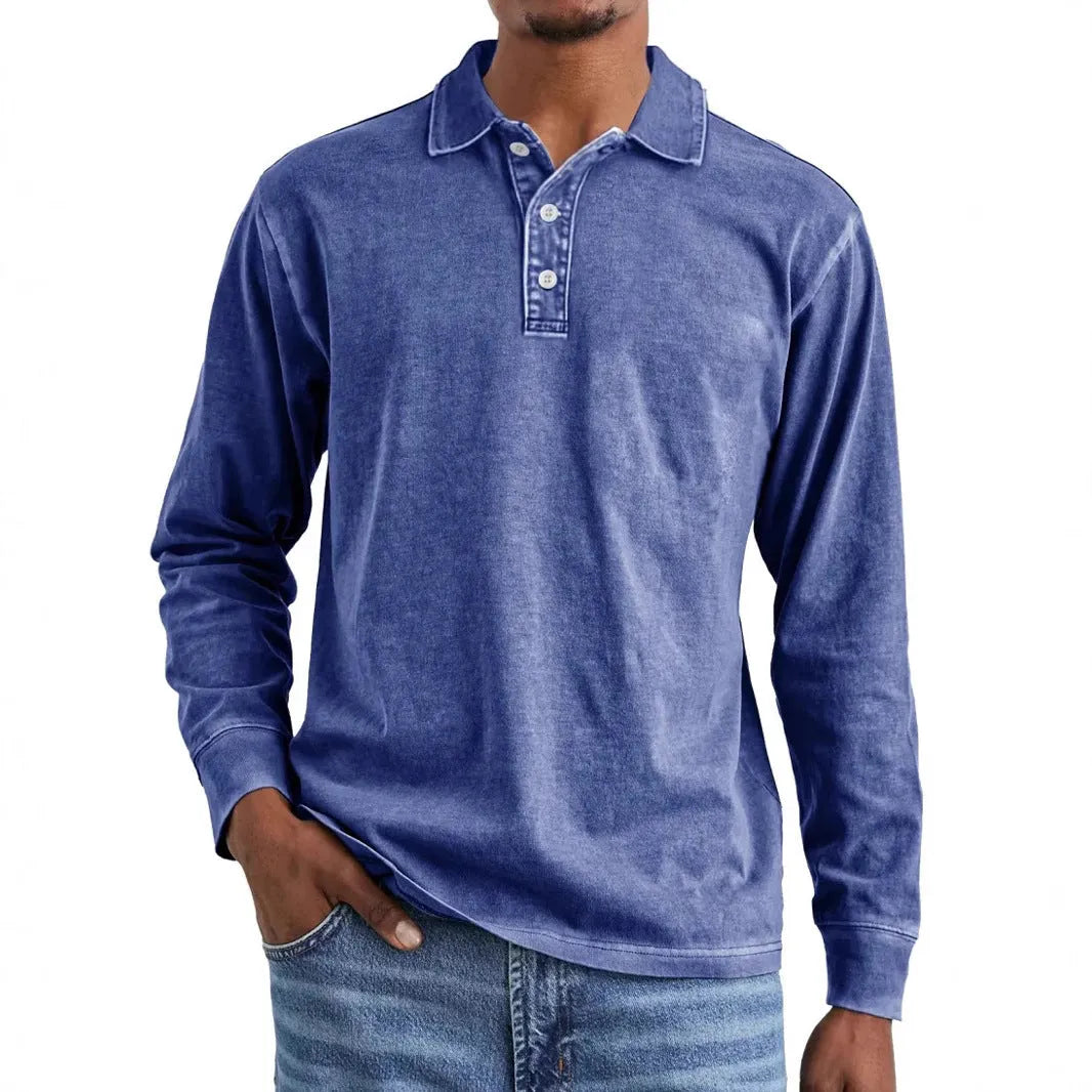 Men's long sleeve lapel polo shirt in washed cotton, shown in Army Green colour.