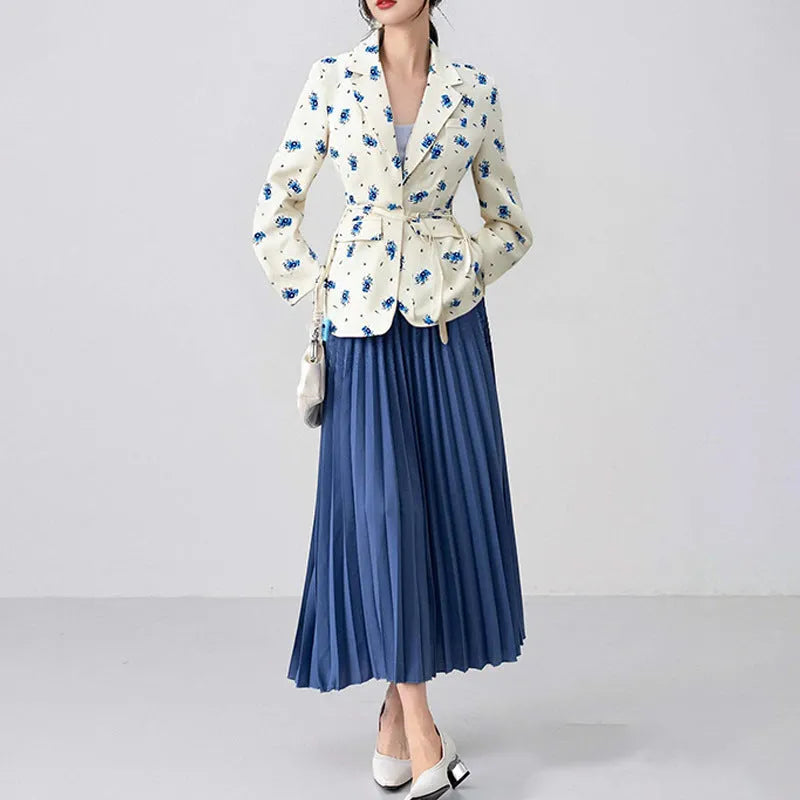 Women's white suit jacket with a lace-up detail on the collar and an adjustable waist tie, shown in a regular fit with long sleeves.