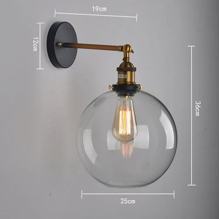 20cm retro spherical glass wall lamp with aluminium holder in transparent amber smoke grey colours