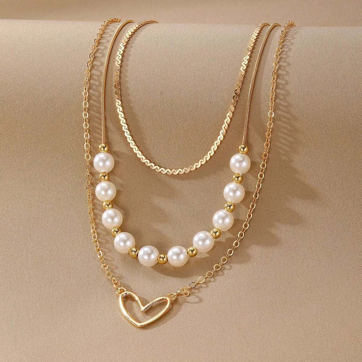 Vintage gold heart pendant necklace on pearl chain with adjustable 41-50cm length