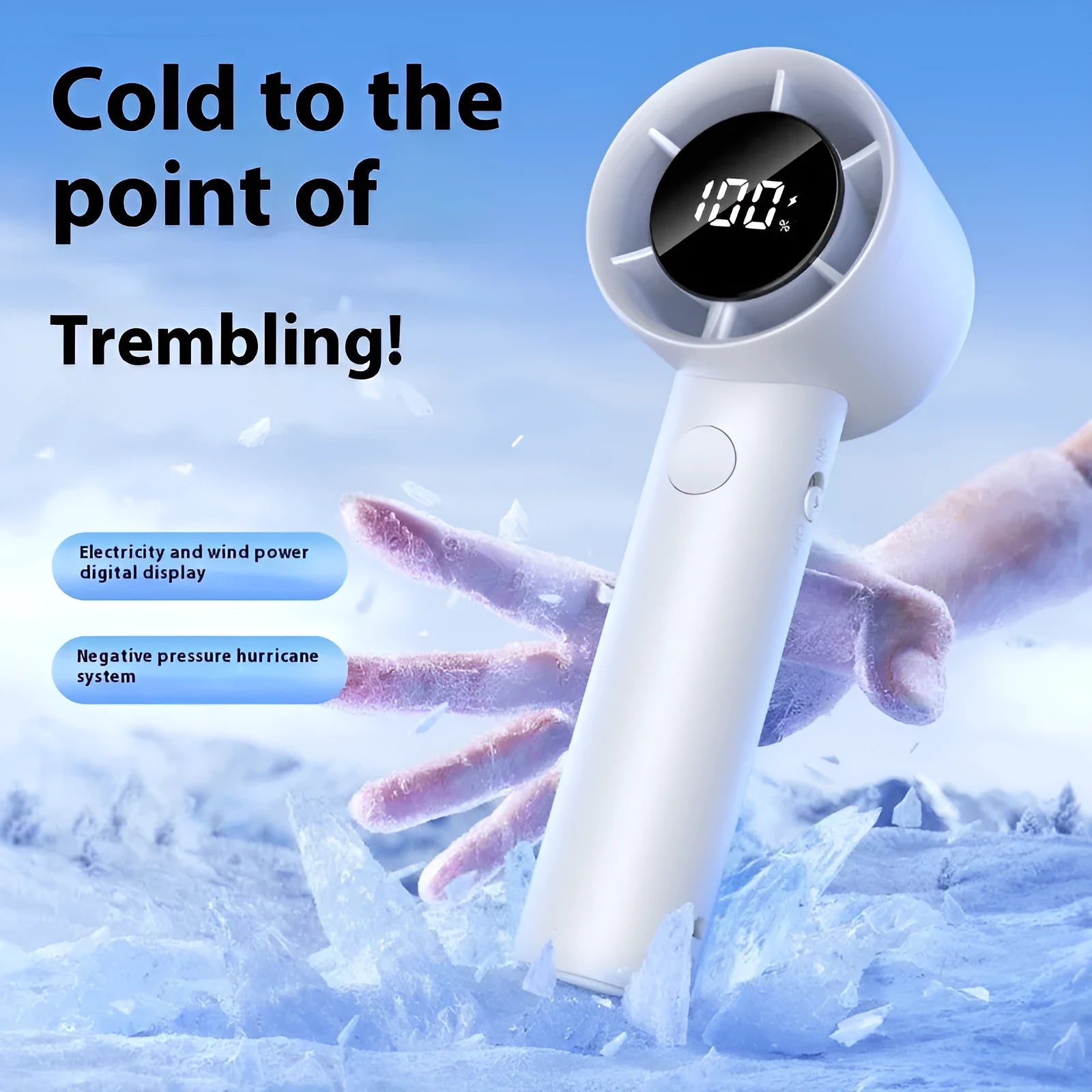 Handheld high-speed fan with five blades, available in Cool Black colour, compact design for USB charging