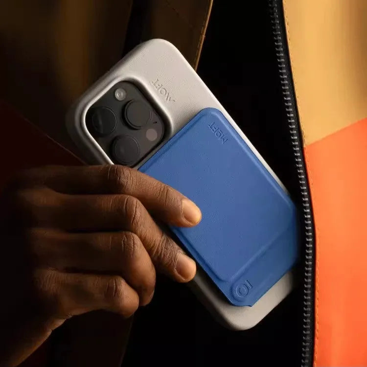 Slim black magnetic leather phone case holder showing dimensions and attachment magnet.