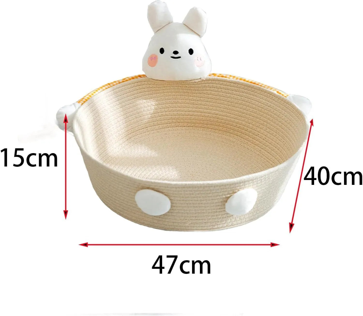 Woven cotton rope cat bed basket with integrated scratch pad, shown in three sizes.
