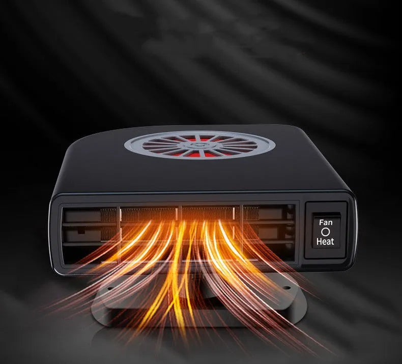 Black compact vehicle-mounted car heater for defrosting and defogging, shown with double-sided adhesive.