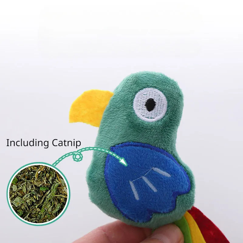 Parrot, cow, and crocodile shaped plush cat toys with catnip for interactive feline play