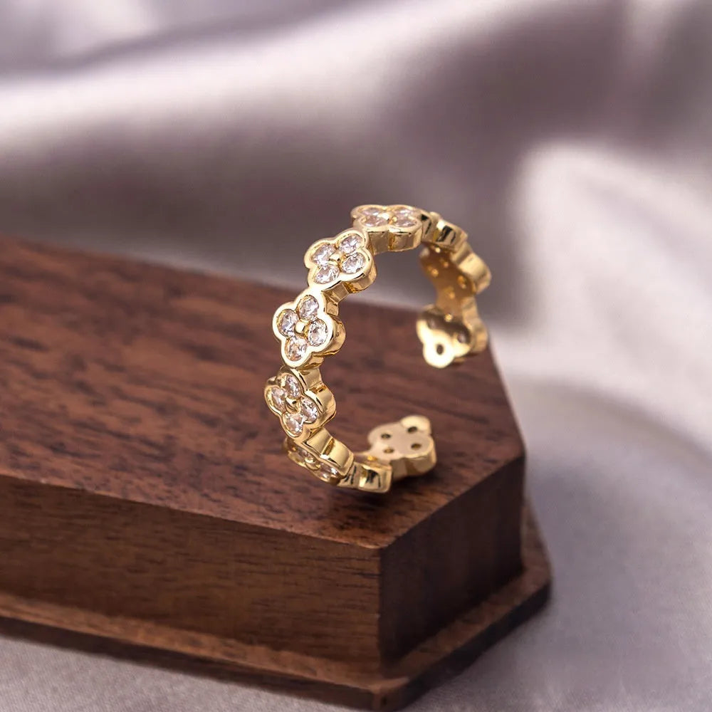Open mouth adjustable copper ring with zircon ornament in electroplated gold colour