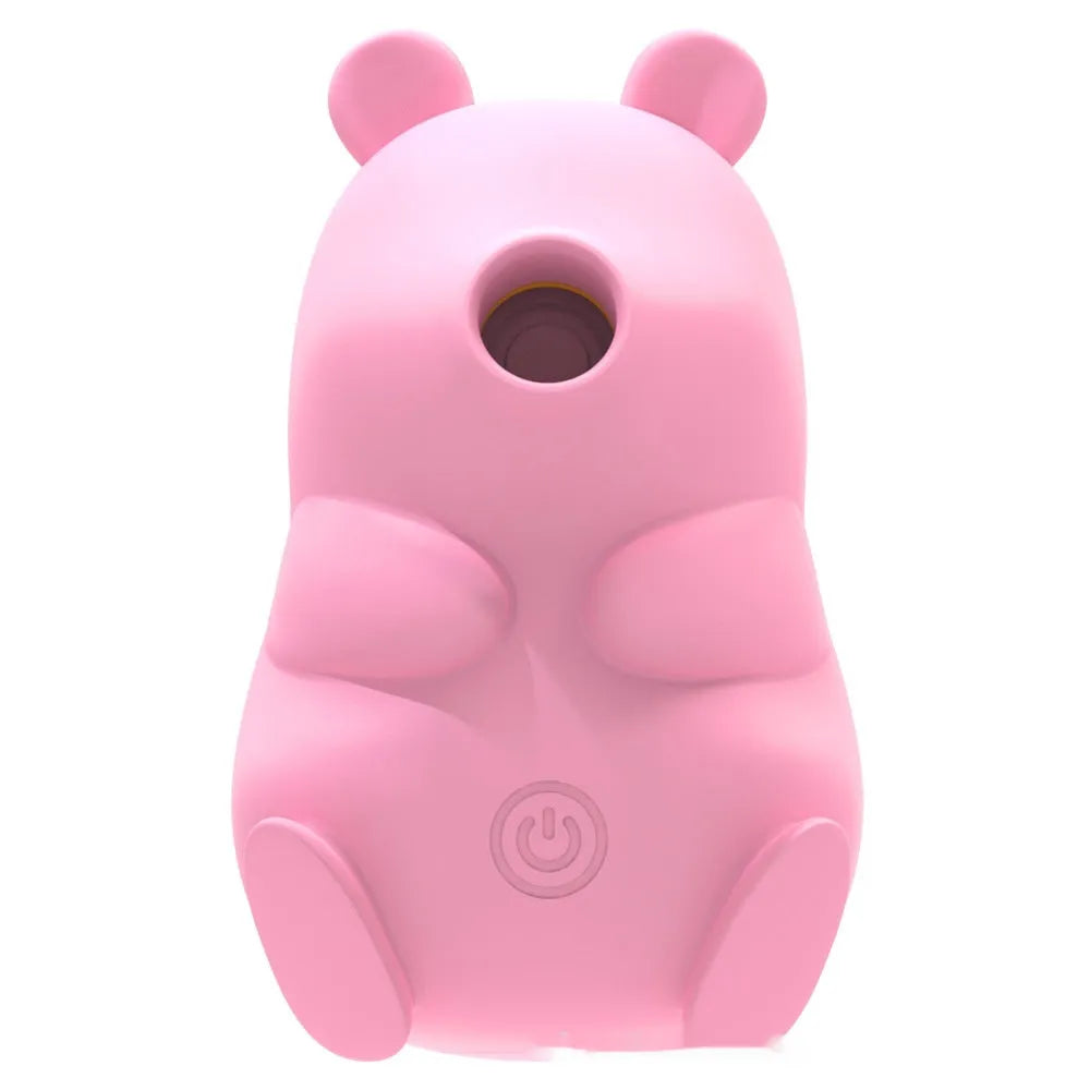 Cute bear-shaped silicone suction massage device in pink and yellow with magnetic charging cable
