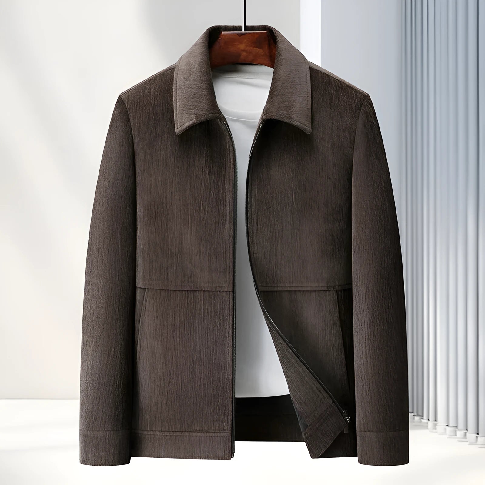Men's slim-fit lapel casual jacket in dark blue, shown on a model.