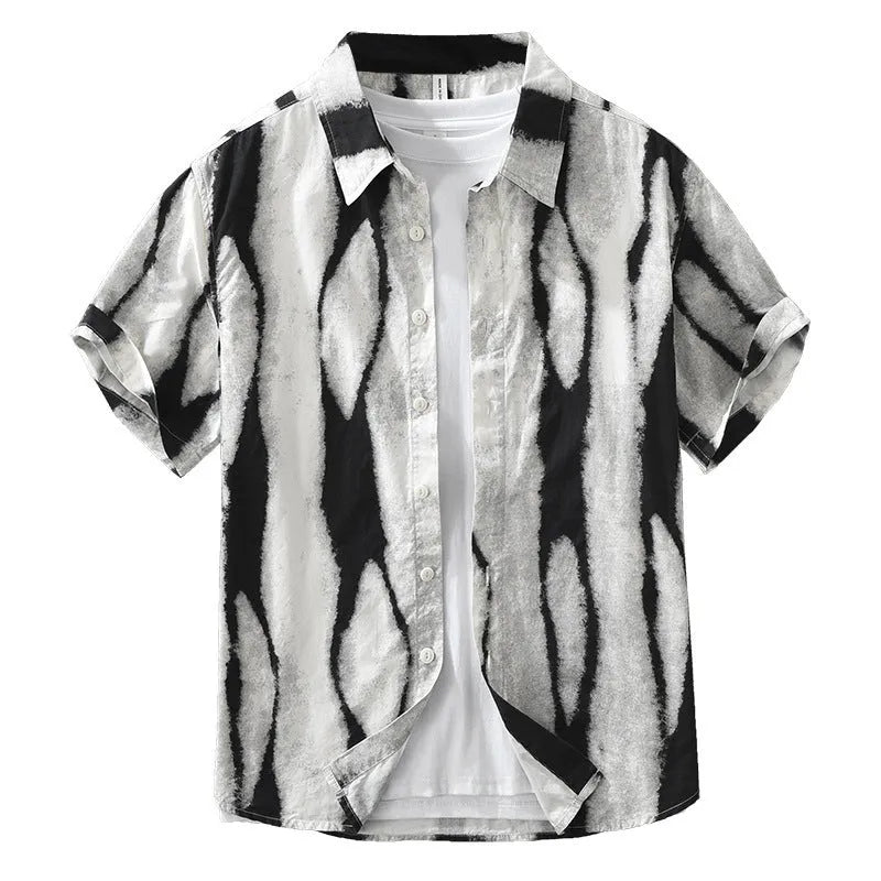 Retro striped short sleeve shirt in pure cotton, shown in black and brown colours on a hanger.