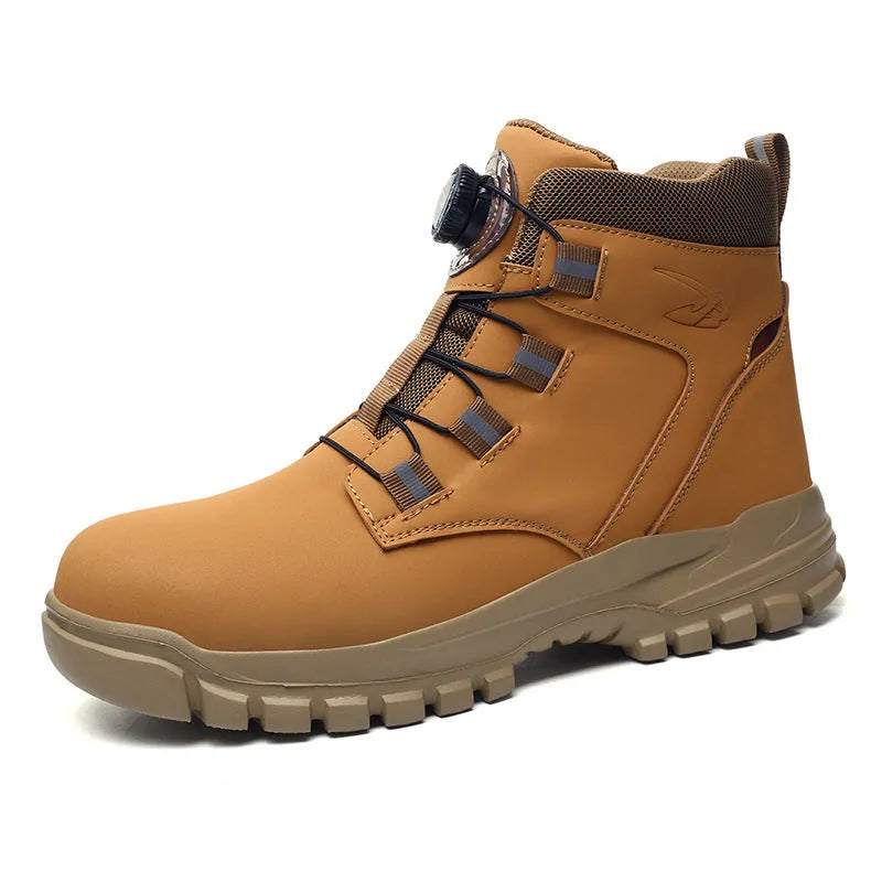 Men's black lightweight labour protection safety shoes with leather upper and rubber sole.