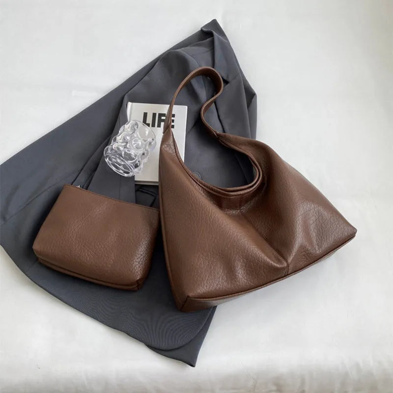 Two soft PU leather handbags in underarm Korean style with small wallet, available in multiple colours