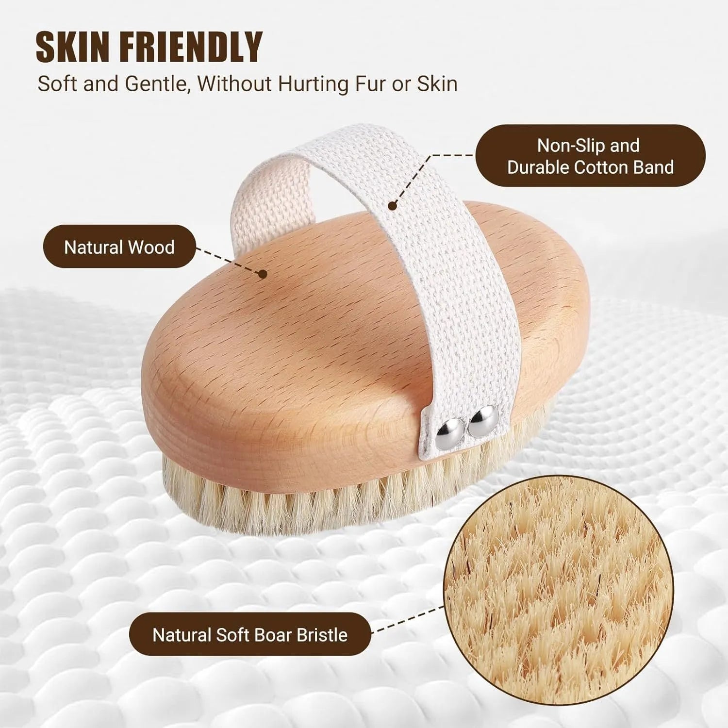 Soft boar bristle pet palm brush with ergonomic cotton band for short-haired dogs and cats, 13.5 x 8.5 cm