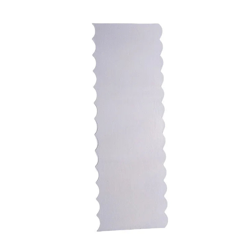 Stainless steel cake decorating scraper with multiple polygon-pattern heads for textured finishes.