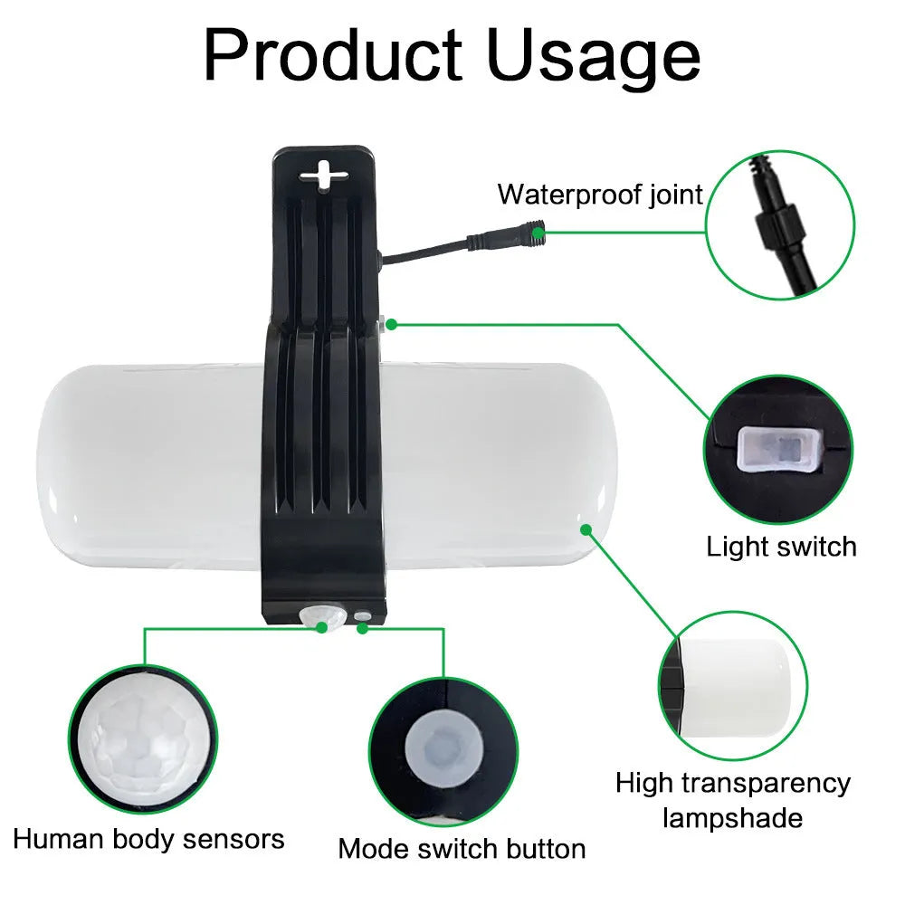 Black 8W solar outdoor floodlight with IP65 rating, three lighting modes, and motion sensor, 21.2cm x 18.4cm x 13.8cm