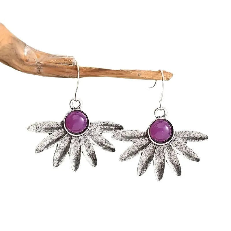 Purple Bohemian animal zodiac earrings with resin gemstone and alloy dangle drop design