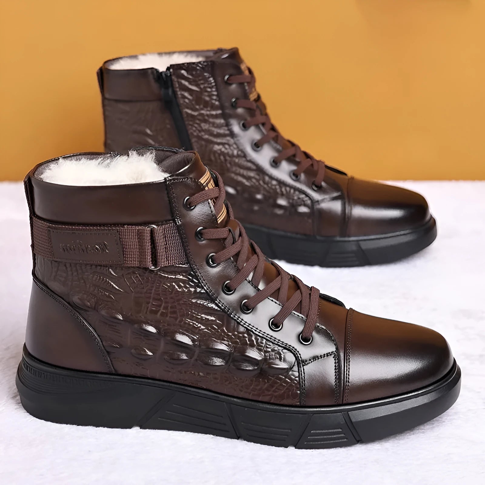 Genuine leather snow boots with fur lining and lace-up front in black or brown