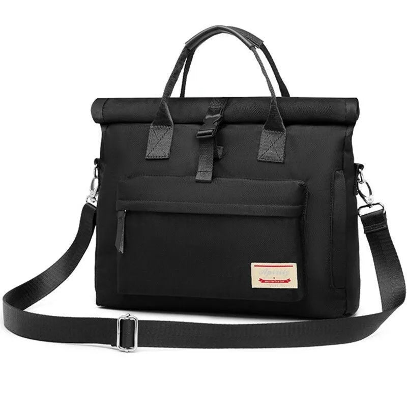 Shockproof waterproof nylon laptop bag in black, shown in medium and large sizes for 14 inch and 15.6 inch laptops.