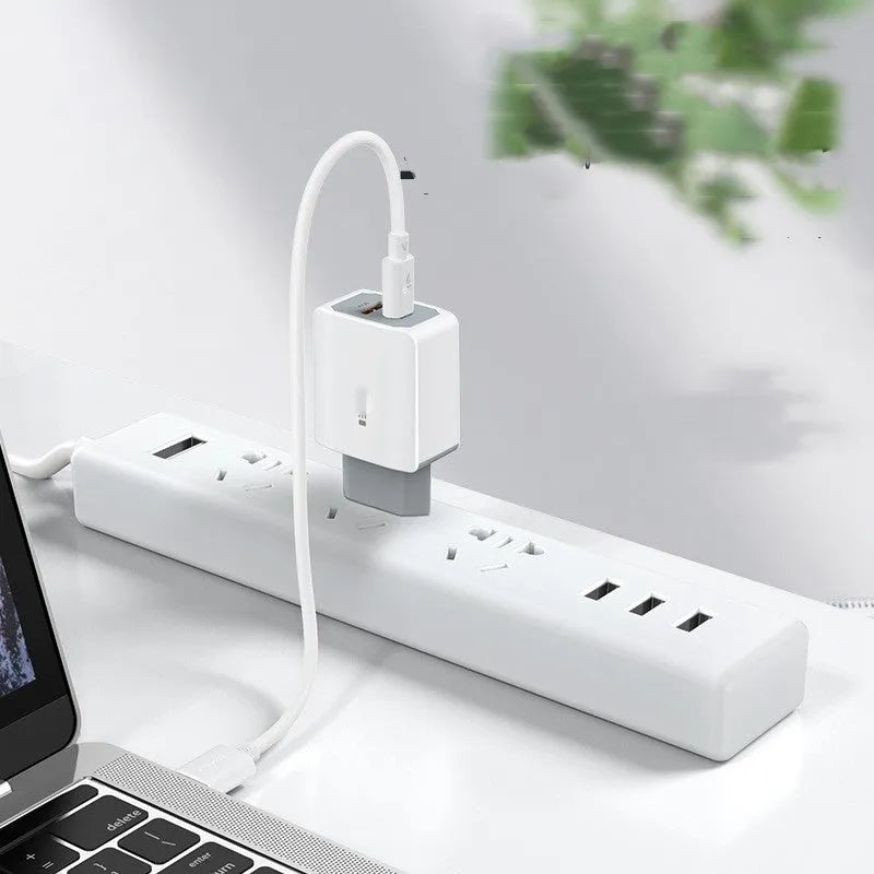 White universal phone fast charger set with European standard cable and compact dimensions
