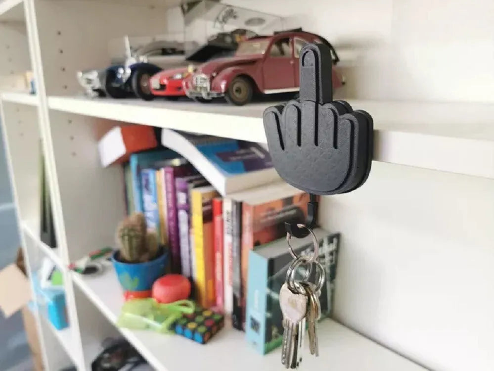Wooden middle finger desk key hook with single hook design and 2kg capacity in modern minimalist style