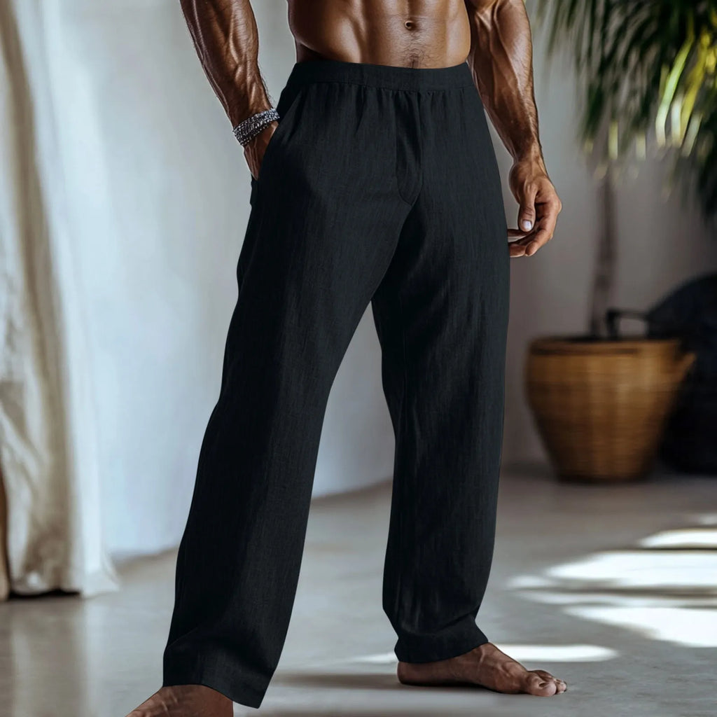 Cotton and linen straight leg casual trousers in British style with pocket details