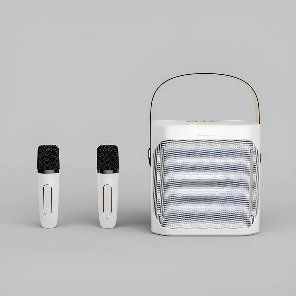 Dual stereo portable karaoke speaker in black or white with two microphones, 143 x 168 x 171 mm
