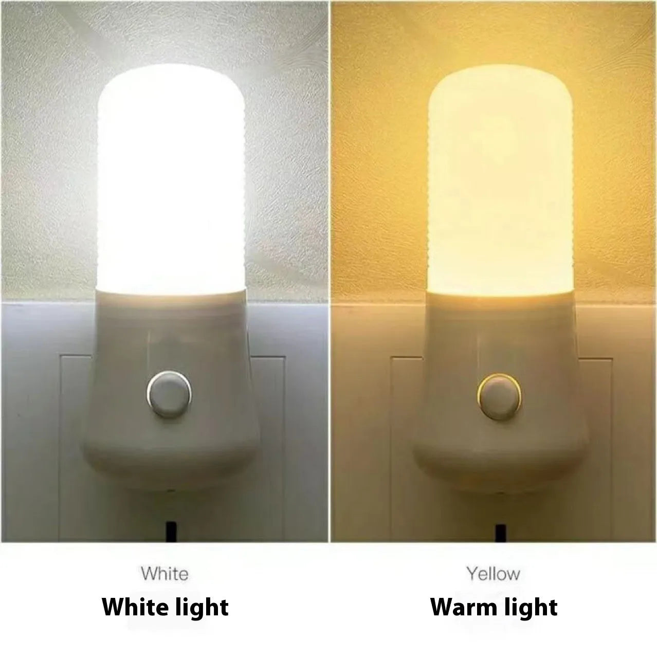White minimalist plug-in bedside night light with dual colour switch showing 6.5cm cube dimensions