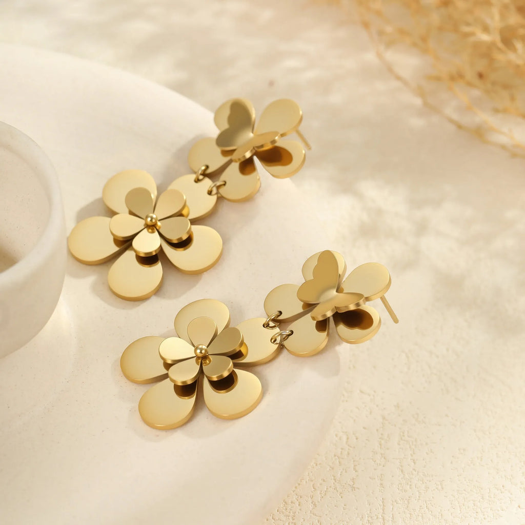 Gold flower butterfly stainless steel earrings with 18K electroplating finish