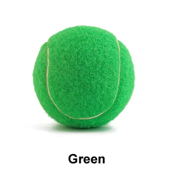 Rubber dog tennis ball toy in bright colours showing 6.3cm diameter size
