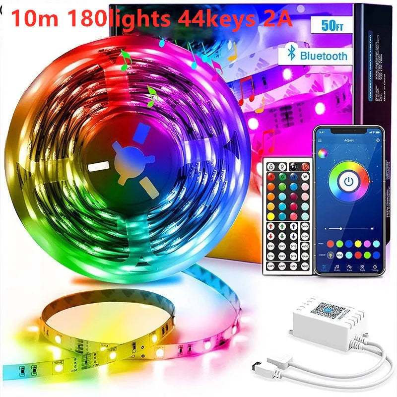 LED 5050 RGB light strip with 44-key Bluetooth remote controller and power adapter on a white background.