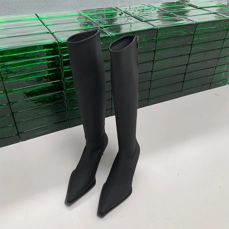 Black pointed toe below-the-knee women's boots with a stiletto heel and a visible back zipper on a plain background.