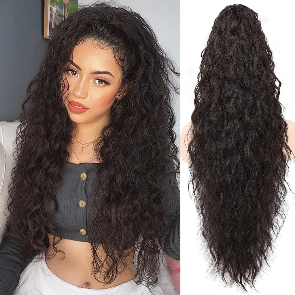 Long curly synthetic ponytail wig in a fluffy horse tail style, 30 inches in length.
