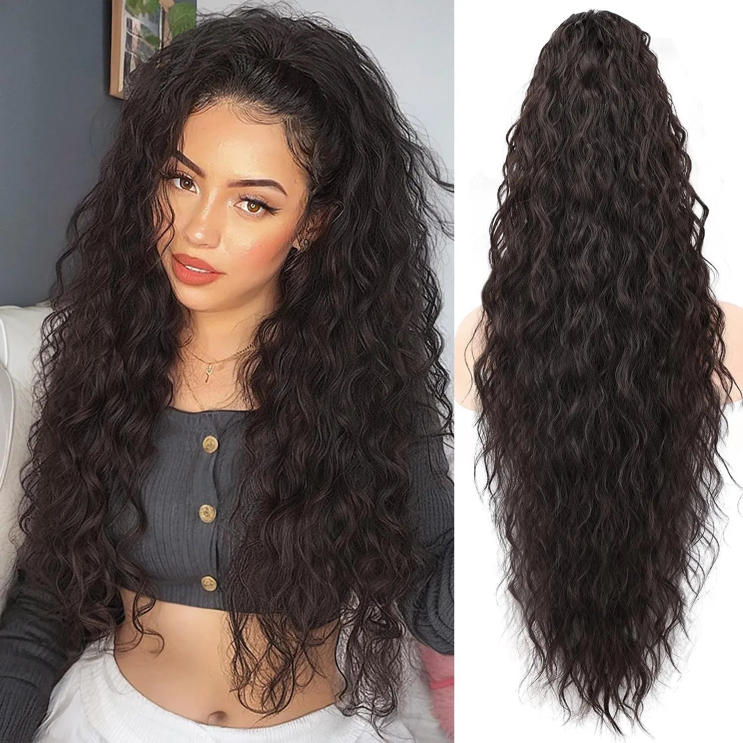 Long curly synthetic ponytail wig in a fluffy horse tail style, 30 inches in length.