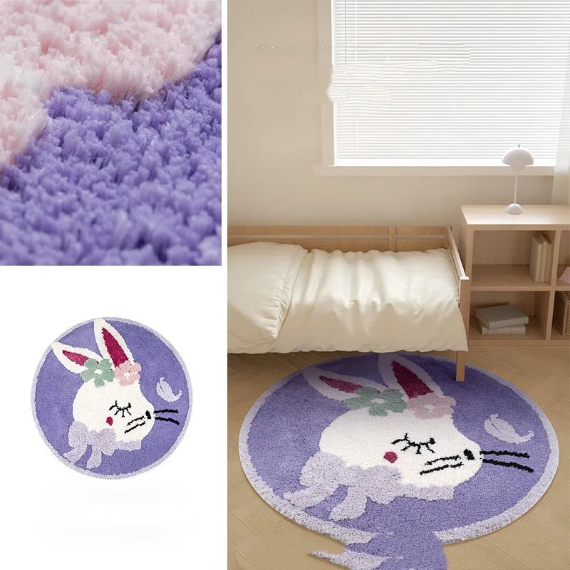 Round children's carpet with rabbit print, polyester, 80cm diameter, anti-slip, forest green
