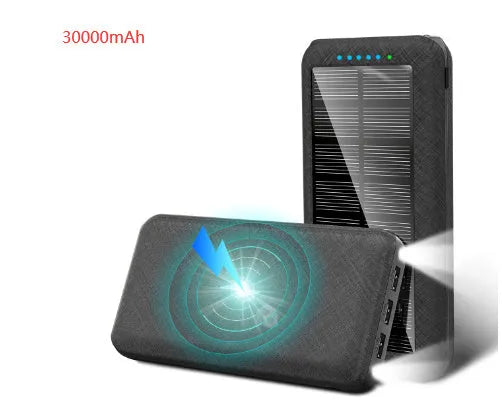 Solar power bank with wireless charging surface, three USB ports, and LED flashlight in black colour