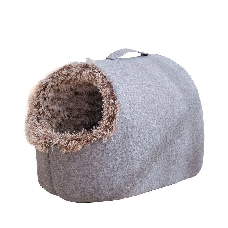 Fleece-lined cat nest closed sleeping bag for autumn and winter, portable, gray colour, size L, on floor