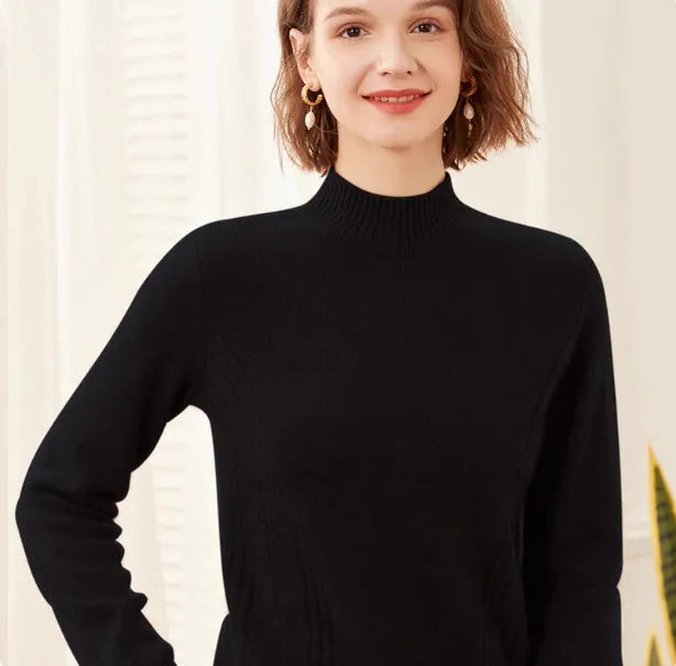 Women's pure cashmere turtleneck sweater in warm beige, high-neck design, soft knit texture