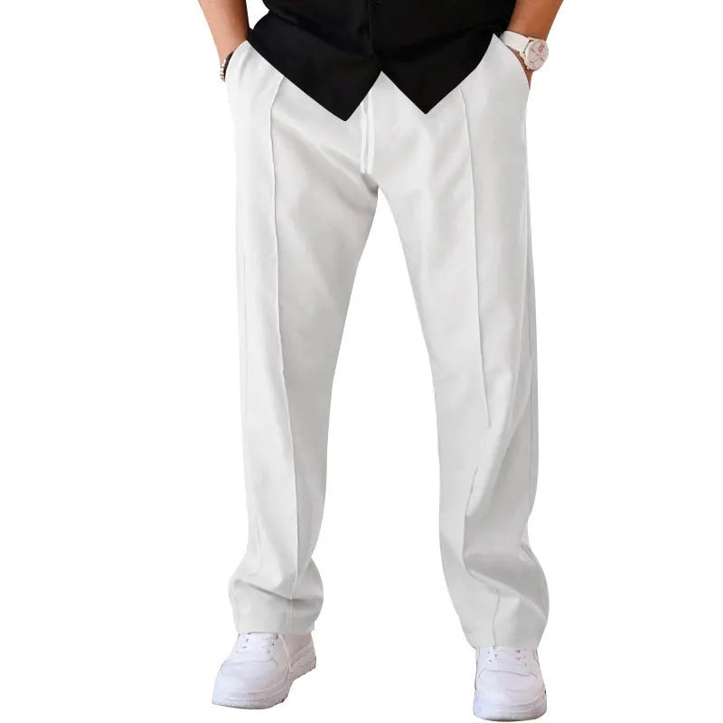 Men's loose straight trousers in waffle polyester with drawstring, available in multiple colours including black and light grey