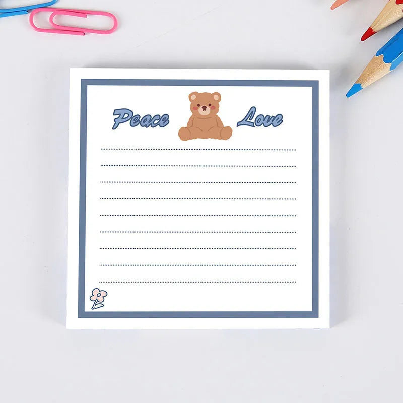 Cute cartoon bear sticky notes 8x8cm with 50 sheets, showing a Happy Bear design on a yellow background