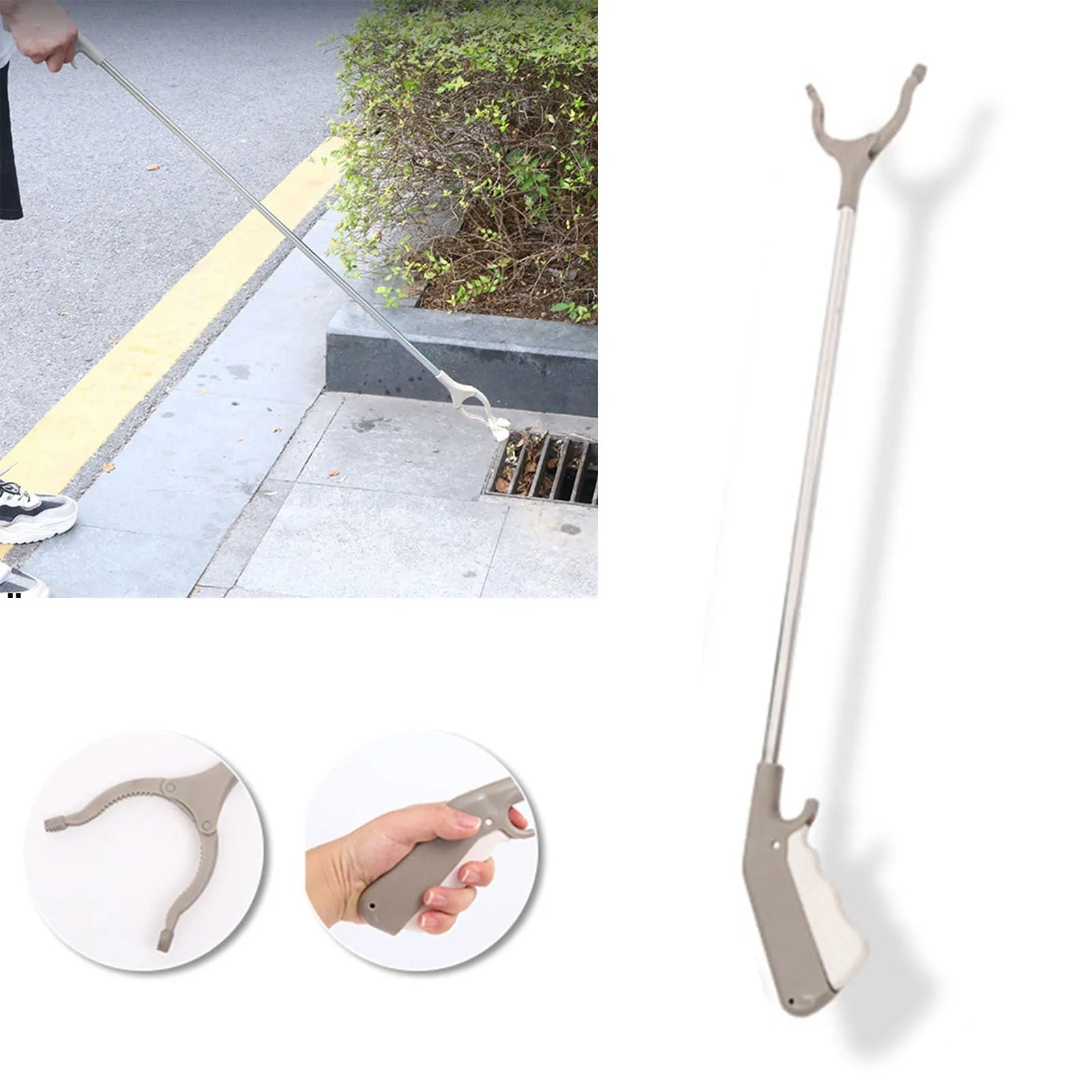 A 40 cm long stainless steel and plastic trash picker tool with a non-slip chuck and push-type handle.