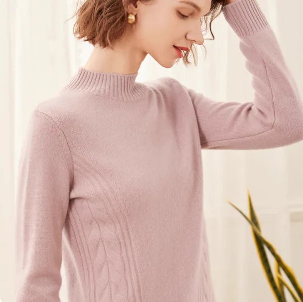 Women's pure cashmere turtleneck sweater in warm beige, high-neck design, soft knit texture